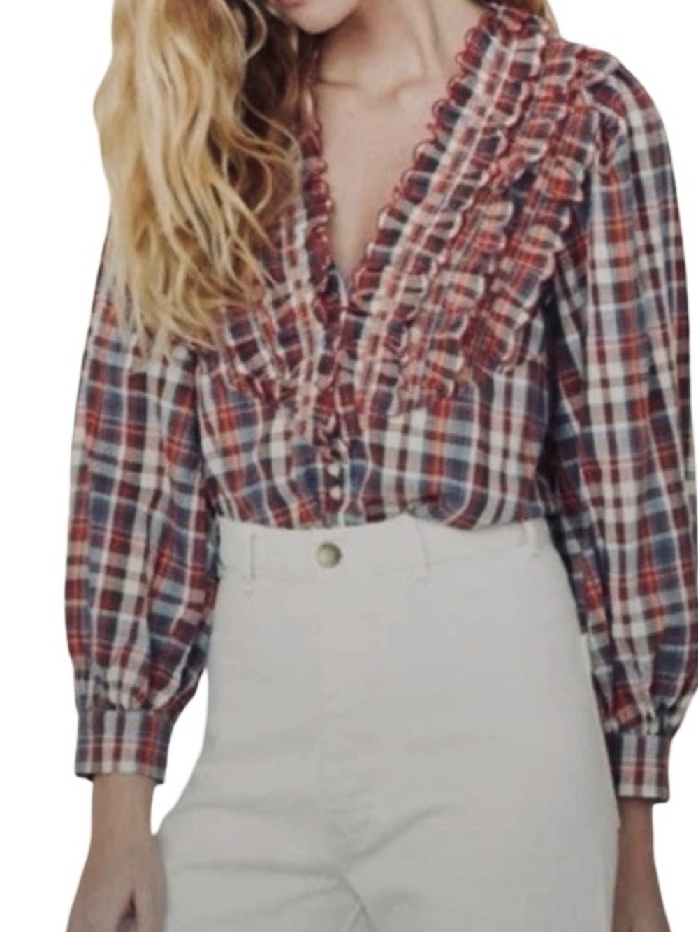 The Great Tuxedo Button Up Ruffle Blouse in Red Blue Cream Plaid V Neck Size M
